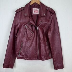 Levis Faux Leather Jacket Womens XL Burgundy Moto Zip Pockets Biker Asymmetrical
